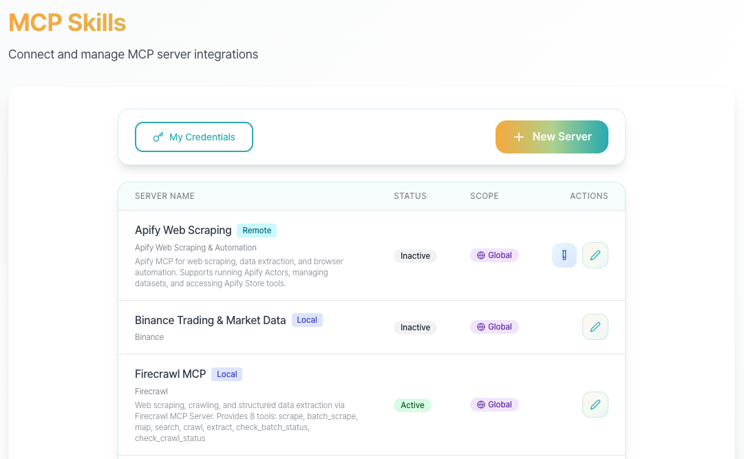 MCP 및 도구 구성 - 스킬 관리 인터페이스